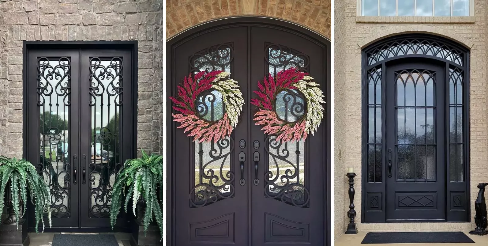 Three wrought iron doors with different scroll designs.